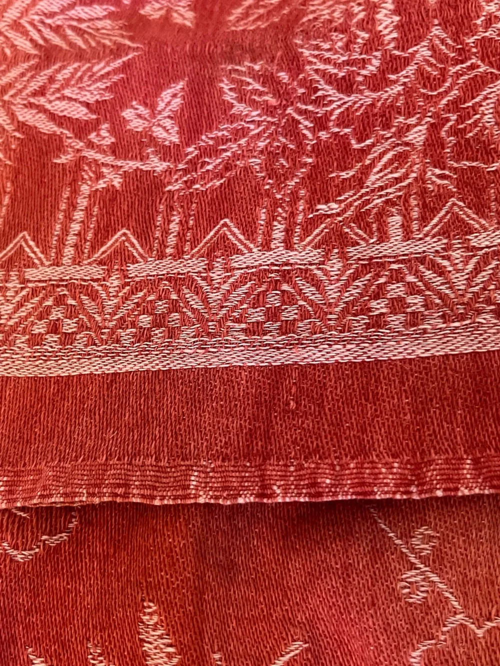 Vintage Reversible Red Cotton Fern Leaf Jacquard Tablecloth